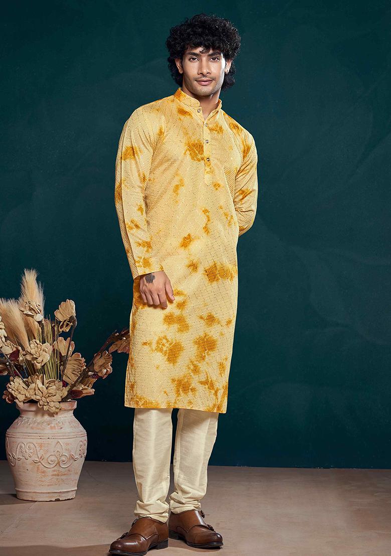 Yellow Sequin Embroidered Viscose Kurta Pyjama Set For Men
