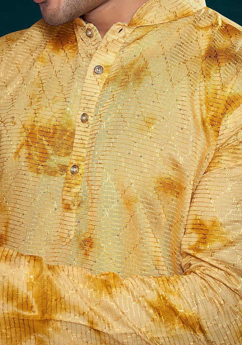 Yellow Sequin Embroidered Viscose Kurta Pyjama Set For Men