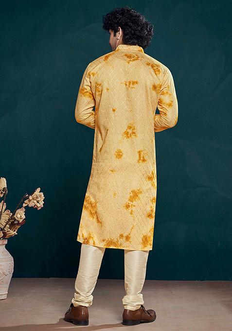 Yellow Sequin Embroidered Viscose Kurta Pyjama Set For Men