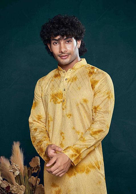 Yellow Sequin Embroidered Viscose Kurta Pyjama Set For Men