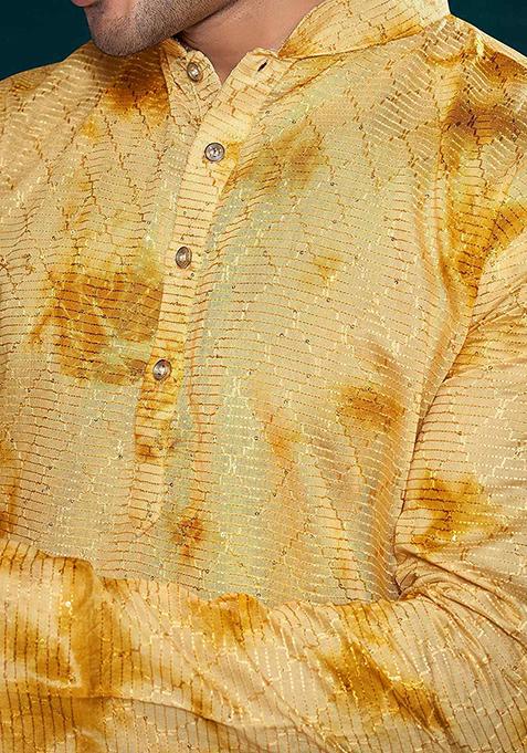 Yellow Sequin Embroidered Viscose Kurta Pyjama Set For Men