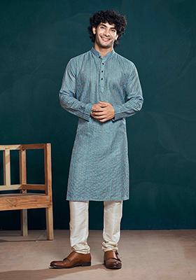 Blue Sequin Embroidered Viscose Kurta Pyjama Set For Men