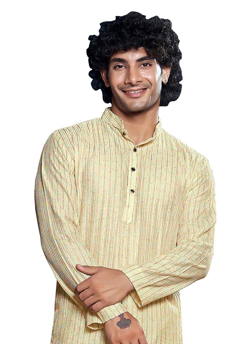 Off White Sequin Embroidered Viscose Kurta Pyjama Set For Men