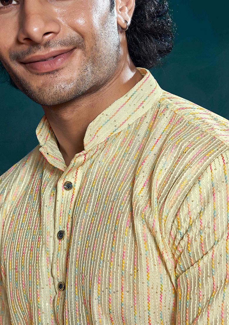 Off White Sequin Embroidered Viscose Kurta Pyjama Set For Men