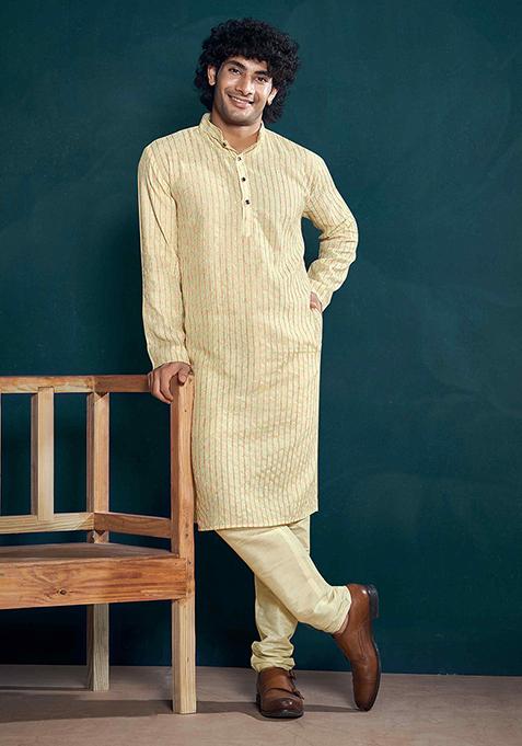Off White Sequin Embroidered Viscose Kurta Pyjama Set For Men