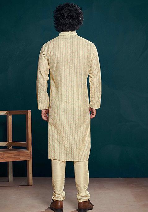 Off White Sequin Embroidered Viscose Kurta Pyjama Set For Men