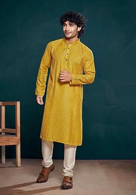 Yellow Sequin Embroidered Viscose Kurta Pyjama Set For Men