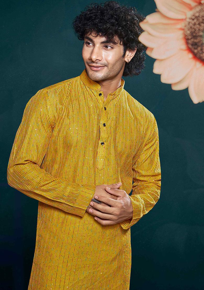 Yellow Sequin Embroidered Viscose Kurta Pyjama Set For Men