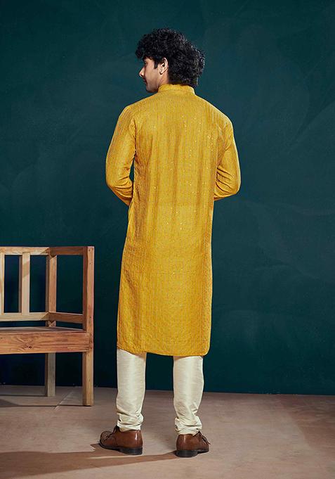 Yellow Sequin Embroidered Viscose Kurta Pyjama Set For Men