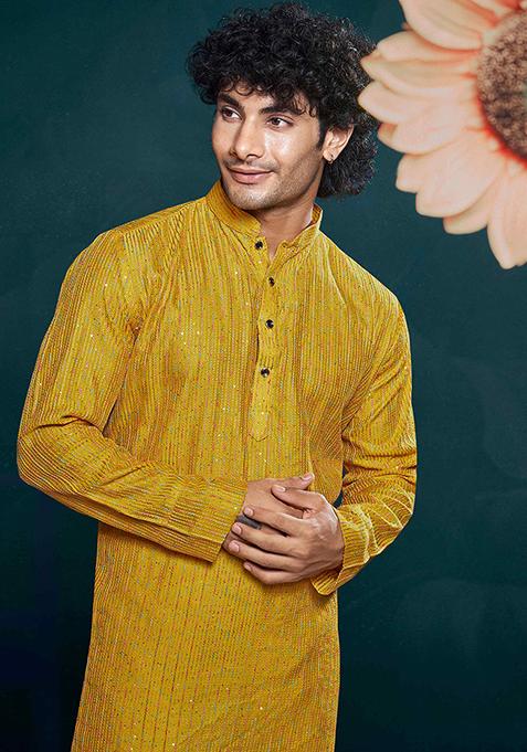 Yellow Sequin Embroidered Viscose Kurta Pyjama Set For Men