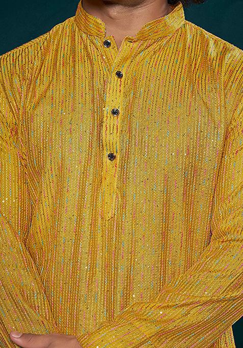Yellow Sequin Embroidered Viscose Kurta Pyjama Set For Men