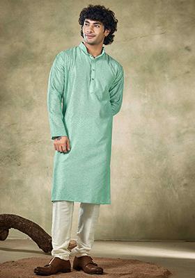 Sea Green Sequin Embroidered Viscose Kurta Pyjama Set For Men