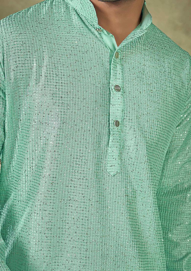 Sea Green Sequin Embroidered Viscose Kurta Pyjama Set For Men
