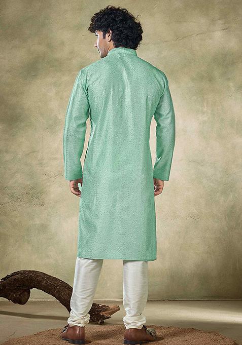 Sea Green Sequin Embroidered Viscose Kurta Pyjama Set For Men