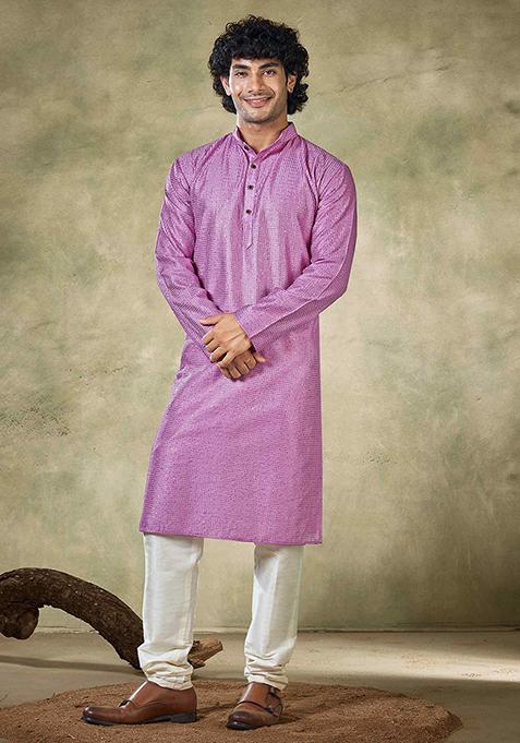 Purple Sequin Embroidered Viscose Kurta Pyjama Set For Men