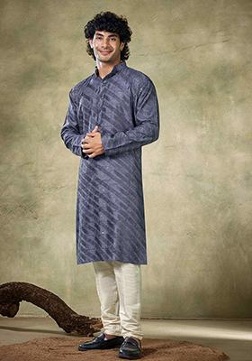 Blue Sequin Embroidered Viscose Kurta Pyjama Set For Men