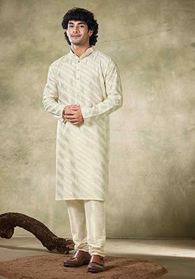 Off White Sequin Embroidered Viscose Kurta Pyjama Set For Men
