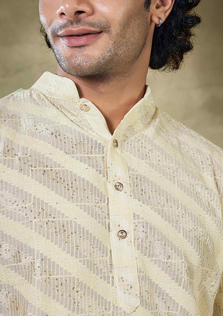 Off White Sequin Embroidered Viscose Kurta Pyjama Set For Men