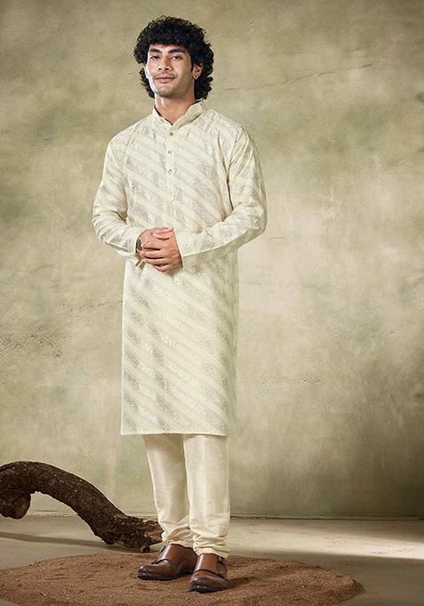 Off White Sequin Embroidered Viscose Kurta Pyjama Set For Men