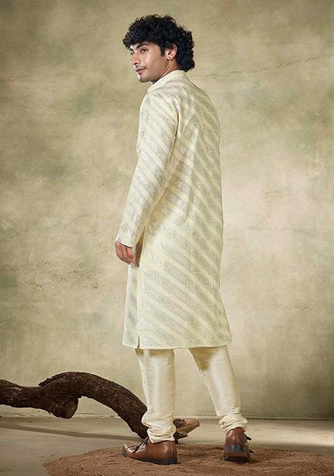 Off White Sequin Embroidered Viscose Kurta Pyjama Set For Men