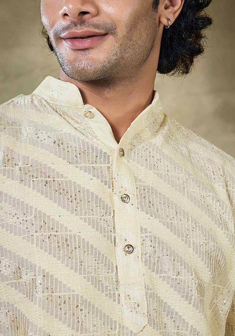Off White Sequin Embroidered Viscose Kurta Pyjama Set For Men