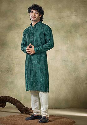 Green Sequin Embroidered Viscose Kurta Pyjama Set For Men