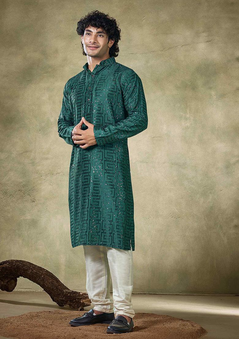 Green Sequin Embroidered Viscose Kurta Pyjama Set For Men