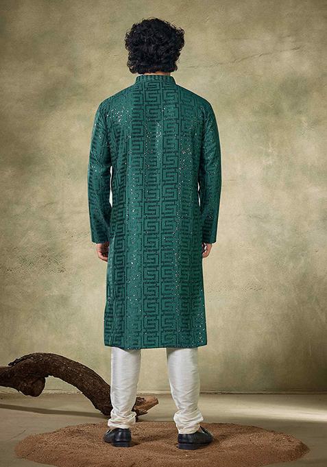 Green Sequin Embroidered Viscose Kurta Pyjama Set For Men