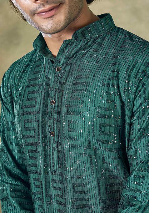 Green Sequin Embroidered Viscose Kurta Pyjama Set For Men