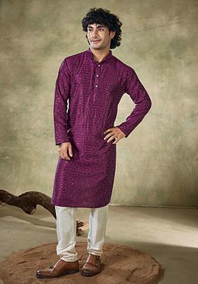 Wine Sequin Embroidered Viscose Kurta Pyjama Set For Men