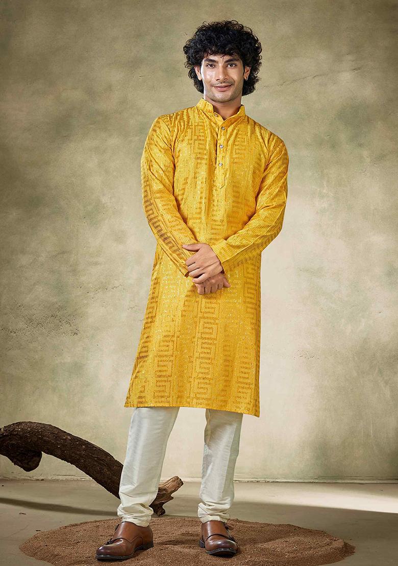 Yellow Sequin Embroidered Viscose Kurta Pyjama Set For Men