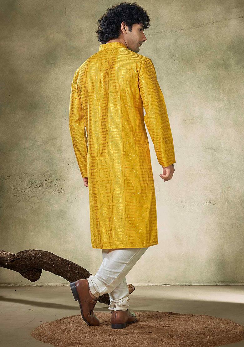 Yellow Sequin Embroidered Viscose Kurta Pyjama Set For Men
