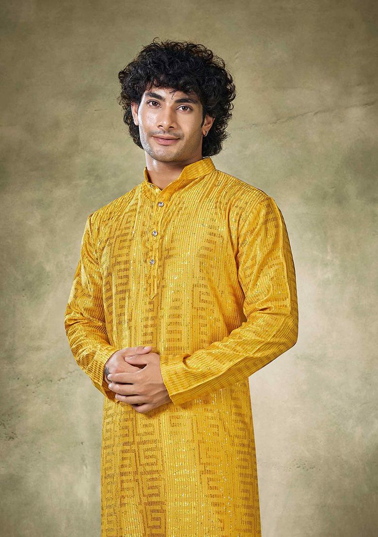 Yellow Sequin Embroidered Viscose Kurta Pyjama Set For Men