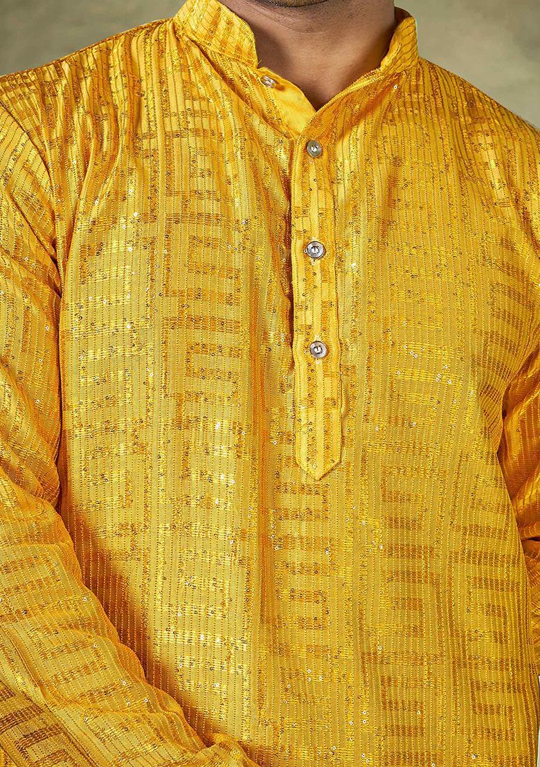 Yellow Sequin Embroidered Viscose Kurta Pyjama Set For Men