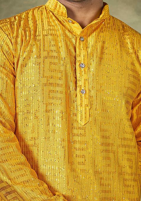 Yellow Sequin Embroidered Viscose Kurta Pyjama Set For Men