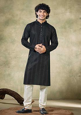 Black Sequin Embroidered Viscose Kurta Pyjama Set For Men