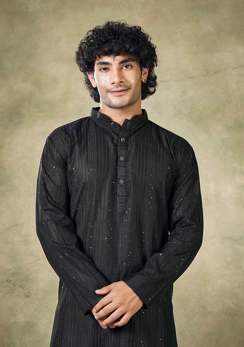Black Sequin Embroidered Viscose Kurta Pyjama Set For Men