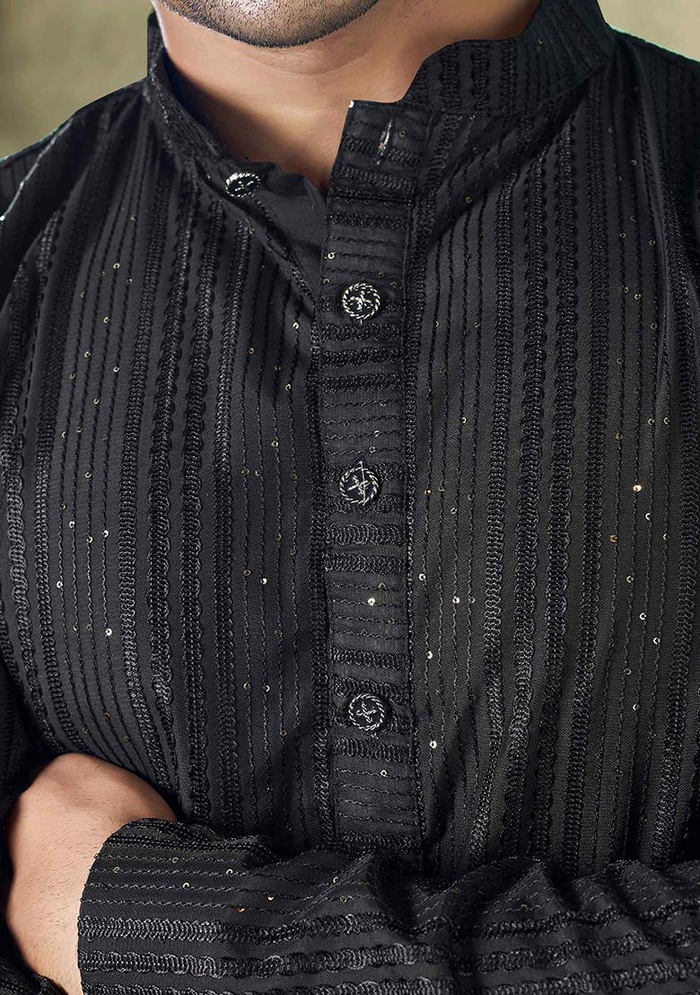 Black Sequin Embroidered Viscose Kurta Pyjama Set For Men