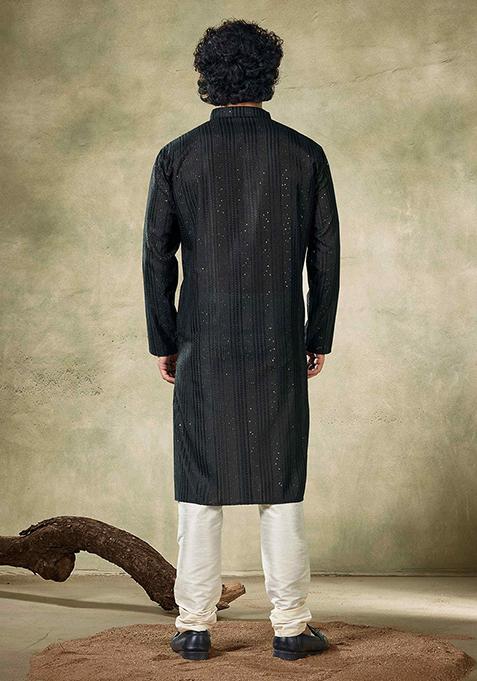 Black Sequin Embroidered Viscose Kurta Pyjama Set For Men