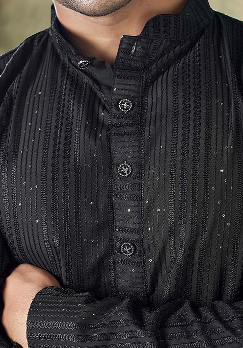 Black Sequin Embroidered Viscose Kurta Pyjama Set For Men