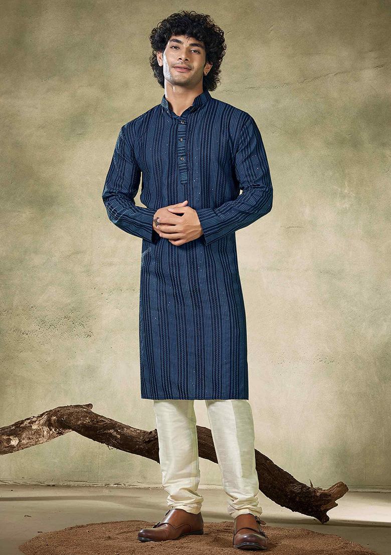 Teal Blue Sequin Embroidered Viscose Kurta Pyjama Set For Men