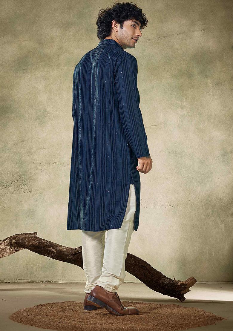 Teal Blue Sequin Embroidered Viscose Kurta Pyjama Set For Men