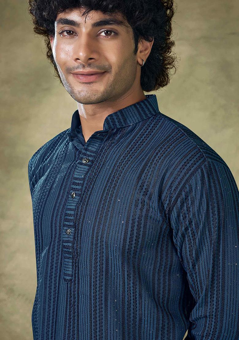 Teal Blue Sequin Embroidered Viscose Kurta Pyjama Set For Men