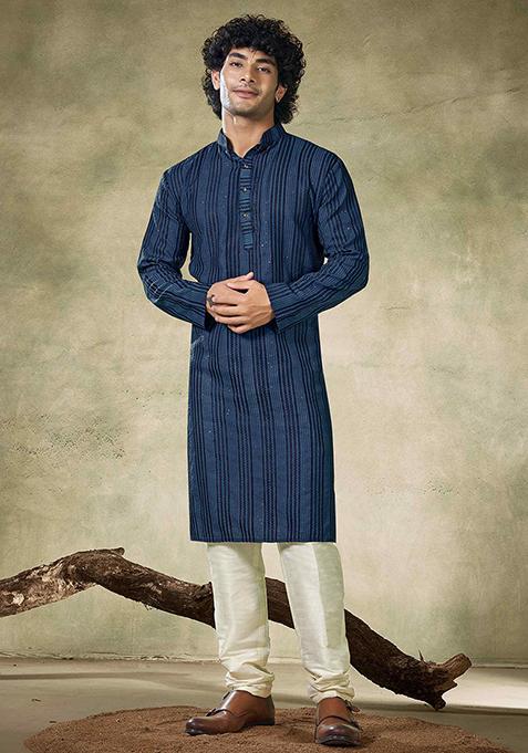 Teal Blue Sequin Embroidered Viscose Kurta Pyjama Set For Men