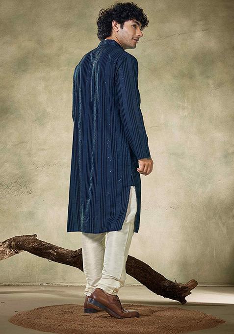 Teal Blue Sequin Embroidered Viscose Kurta Pyjama Set For Men