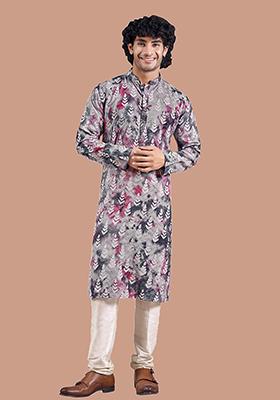 Blue Printed Woven Viscose Kurta Pyjama Set For Men