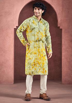 Yellow Printed Woven Viscose Kurta Pyjama Set For Men