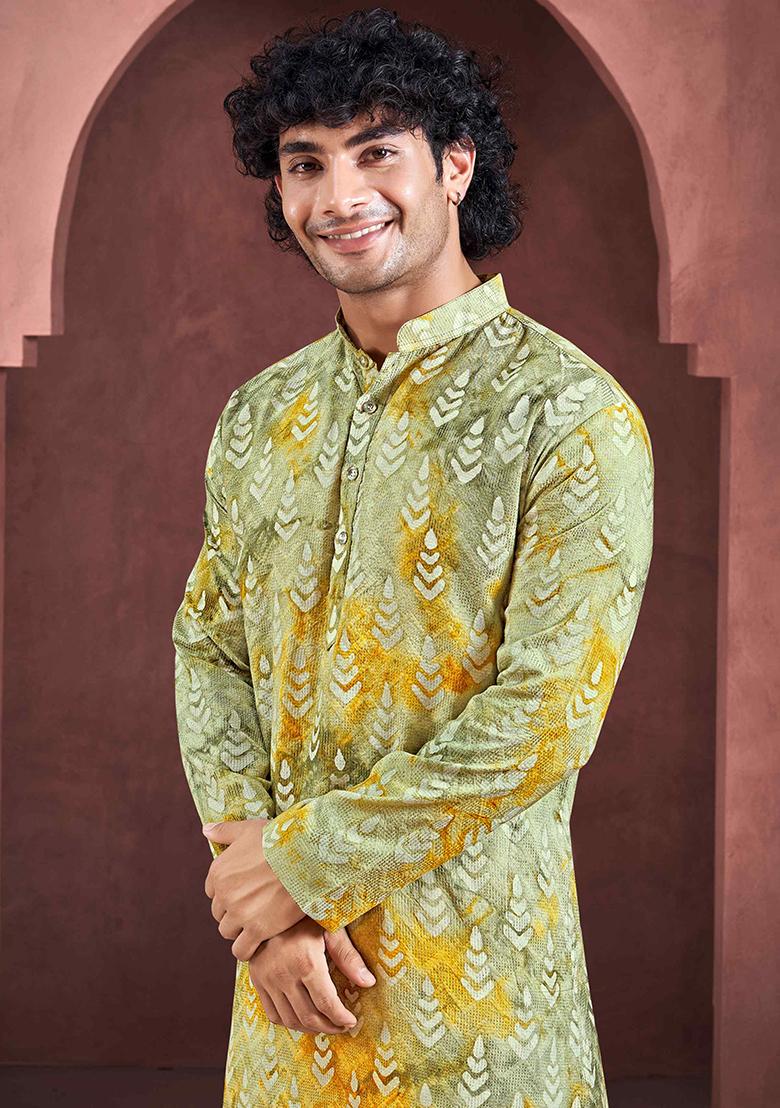 Yellow Printed Woven Viscose Kurta Pyjama Set For Men