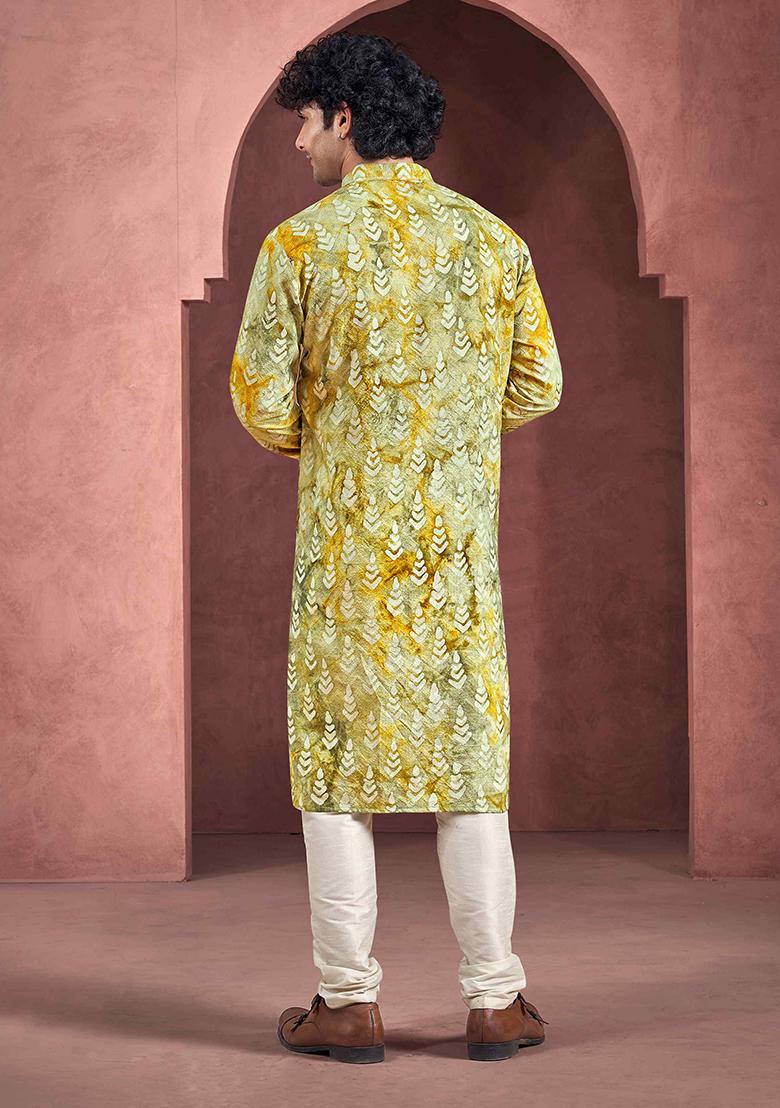 Yellow Printed Woven Viscose Kurta Pyjama Set For Men