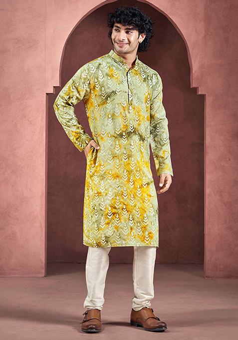 Yellow Printed Woven Viscose Kurta Pyjama Set For Men
